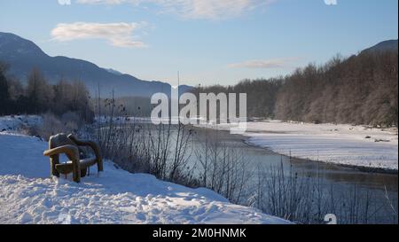 Paesaggio invernale della diga Eagle Run a Brackendale, Squamish, British Columbia, Canada Foto Stock