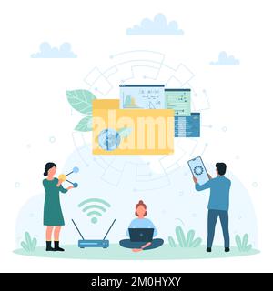 Immagine vettoriale per il download online e il trasferimento dei dati. Cartoon le persone più piccole caricano e condividono le cartelle con i file utilizzando il telefono e il computer portatile, trasferiscono i documenti negli archivi, copiano e inviano il backup del sistema Illustrazione Vettoriale