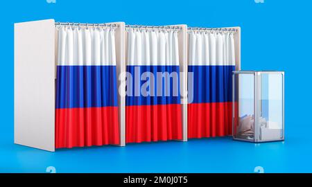 Cabine di voto con bandiera russa e scrutinio. Elezione in Russia, concetto. 3D rendering isolato su sfondo blu Foto Stock