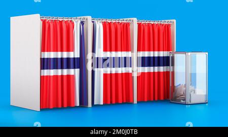 Cabine di voto con bandiera norvegese e scrutinio. Elezione in Norvegia, concetto. 3D rendering isolato su sfondo blu Foto Stock