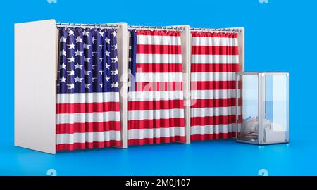 Cabine di voto con la bandiera degli Stati Uniti e la cassa elettorale. Elezione negli Stati Uniti, concetto. 3D rendering isolato su sfondo blu Foto Stock
