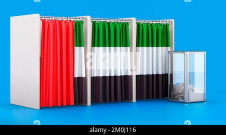 Cabine di voto con la bandiera degli Emirati Arabi Uniti e il ballottaggio. Elezione negli Emirati Arabi Uniti, concetto. 3D rendering isolato su sfondo blu Foto Stock