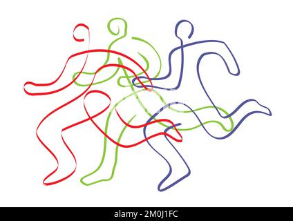 Corsa, maratona, jogging, line art stilizzato. Illustrazione stilizzata di tre corse. Disegno a linea continua. Illustrazione Vettoriale