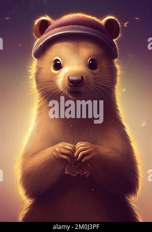 Divertente adorabile ritratto headshot di carino zoccolino. Animale di terra nordamericano in piedi davanti. Guardando verso la fotocamera. Mistero luce arte illustrazione. Poster artistico verticale. Foto Stock