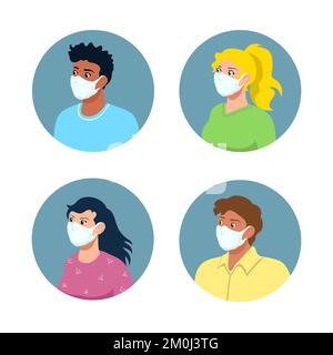 Persone di quattro diverse etnie, giovani uomini e donne, che indossano maschere facciali protettive. Set di vettori cartoni animati avatar modificabili Illustrazione Vettoriale
