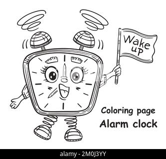 Carino suoneria sveglia personaggio, sveglia ora colorazione libro pagina bambini istruzione gioco. Il timer si sveglia al mattino. Vettore foglio da colorare per bambini Illustrazione Vettoriale