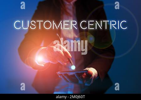 Segno che mostra il Customer Centric. Parola per processo di cura dei clienti per garantire il loro piacere Foto Stock