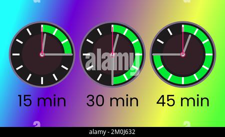 Set di timer da 15, 30 e 45 min, in stile orologio analogico Illustrazione Vettoriale