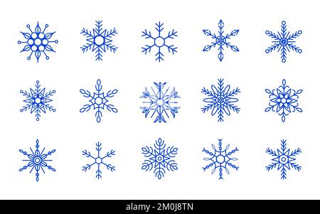 Collezione set di vari fiocchi di neve ornati, simboli esagonali simmetrici blu per stampe, decorazioni, ecc. Illustrazione Vettoriale