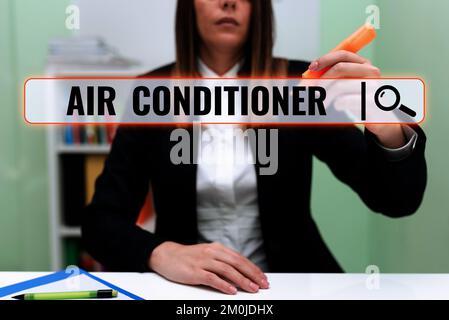 Cartello di testo che mostra il condizionatore d'aria. Concetto apparecchio per lavare l'aria e controllarne l'umidità e la temperatura Foto Stock