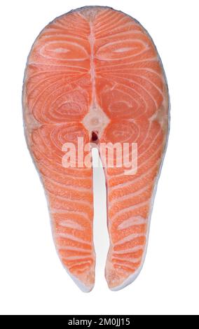 Bistecche di salmone crudo vista dall'alto isolato su bianco. Foto Stock