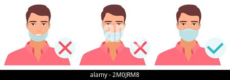 Uso corretto e non corretto della maschera medica da parte di un uomo set vettore illustrazione. Cartoon persone isolate utilizzare la maschera protettiva in modo sbagliato senza naso e bocca di copertura, informazioni sul metodo di sicurezza Illustrazione Vettoriale