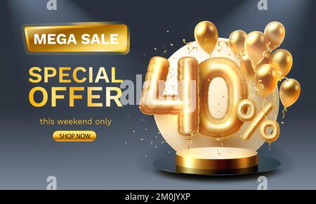 Offerta Speciale sale 40 ballon, mega sale podio dorato, sfondo nero. Illustrazione vettoriale Illustrazione Vettoriale