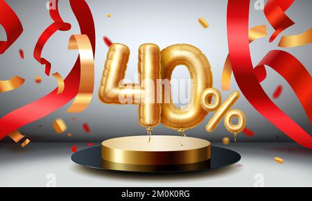 Offerta Speciale sale 40 ballon, mega sale podio dorato, sfondo nero. Illustrazione vettoriale Illustrazione Vettoriale