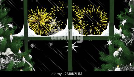 Immagine di una finestra con alberi di natale e fuochi d'artificio che esplodono nel cielo notturno. natale, celebrazione e tradizione concetto immagine generata digitalmente. Foto Stock