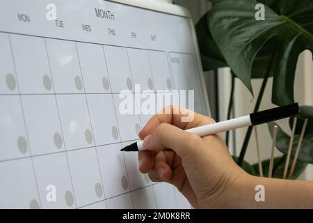 Scrittura a mano femminile con marcatore su Monthly PLANNER. Scheda magnetica con i giorni del mese. Luogo per inserire il programma delle questioni importanti. Concetto di business planning. Whiteboard Planner modello mensile magnetico. Interno del posto di lavoro di freelancer Foto Stock