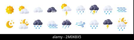 3d rendering icone meteo set, sole splendente, nuvole, lampi e neve o pioggia elementi di previsione per il web design. Illustrazione cartoon in plastica stile minimal, oggetti isolati su sfondo bianco Foto Stock