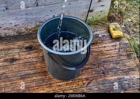 un secchio di plastica nera è riempito di acqua dalla pompa Foto Stock