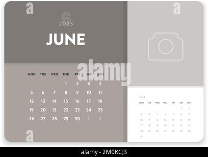 Giugno 2023. Creative vettore modello di calendario 2023 mensile minimo aziendale. Scrivania, calendario a parete per la stampa, calendario digitale o pianificatore. Illustrazione Vettoriale