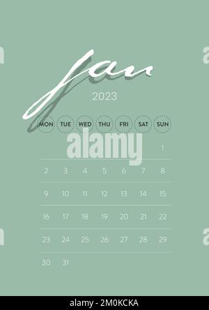 Gennaio 2023. Creative vettore modello di calendario 2023 mensile minimo aziendale. Scrivania, calendario a parete per la stampa, calendario digitale o pianificatore. Illustrazione Vettoriale