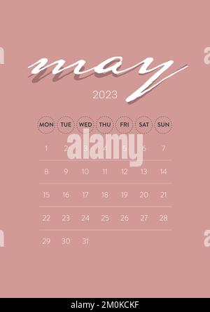 Maggio 2023. Creative vettore modello di calendario 2023 mensile minimo aziendale. Scrivania, calendario a parete per la stampa, calendario digitale o pianificatore. Illustrazione Vettoriale