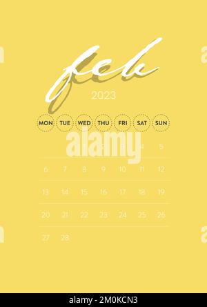 Febbraio 2023. Creative vettore modello di calendario 2023 mensile minimo aziendale. Scrivania, calendario a parete per la stampa, calendario digitale o pianificatore. Illustrazione Vettoriale