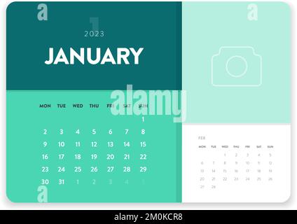 Gennaio 2023. Creative vettore modello di calendario 2023 mensile minimo aziendale. Scrivania, calendario a parete per la stampa, calendario digitale o pianificatore. Illustrazione Vettoriale