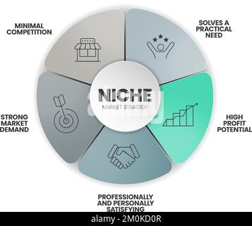 Modello di presentazione infografica di strategia di mercato di nicchia con icone quali concorrenza, domanda di mercato, necessità pratica, alto potenziale di profitto, professi Illustrazione Vettoriale