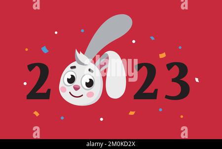 Anno di zodiaco di coniglio. 2023 anni con testa di coniglio e confetti, cartolina cinese di capodanno. Simbolo del nuovo anno lunare. Illustrazione Vettoriale