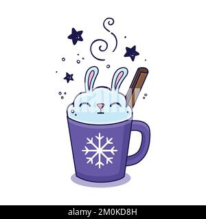 Drink di Natale decorato come un coniglietto di panna montata con un bastone di cannella. Bevanda calda invernale in stile doodle. Illustrazione disegnata a mano. Lepre di milkshake Illustrazione Vettoriale