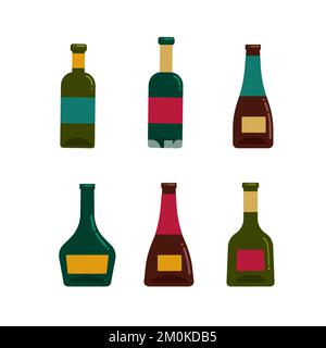 Un set di bottiglie di vino in vetro di forme e colori diversi. Illustrazione vettoriale in stile piatto. Oggetti isolati su sfondo bianco Illustrazione Vettoriale