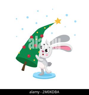 Anno di zodiaco di coniglio. Lepre tiene l'albero di natale. Natale, illustrazione cinese di Capodanno. Simbolo del nuovo anno lunare. Vettore cartone animato coniglio. Carattere Illustrazione Vettoriale