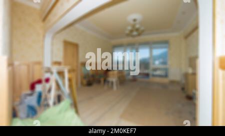 Costruzione interna di un nuovo progetto di casa con pareti di sfondo luminoso. Scale in stanza vuota. Sfocato e Blured stanza vuota luminosa senza Foto Stock