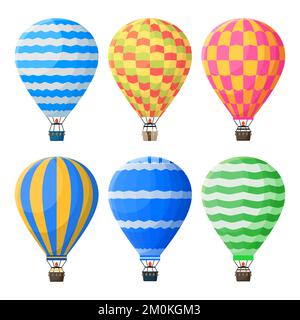 Mongolfiere, variopinte navi aeree vintage. Veicolo Sky per l'avventura, attività di viaggio. Viaggio in aereo Illustrazione Vettoriale