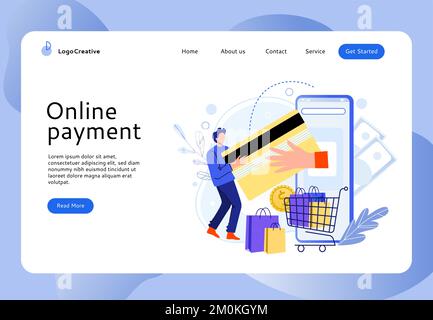 Pagina di destinazione degli acquisti online. Uomo che effettua il pagamento con carta di credito online tramite smartphone. Acquisto di carattere maschile Illustrazione Vettoriale