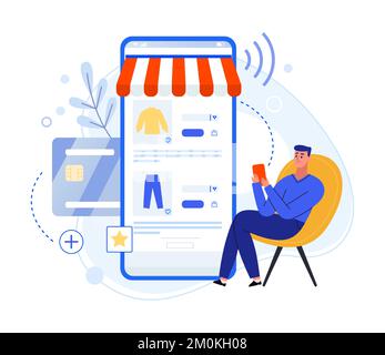 App per lo shopping online. Uomo seduto sulla sedia e l'acquisto di vestiti in smartphone, a pagamento con carta di credito, personaggio maschile Illustrazione Vettoriale