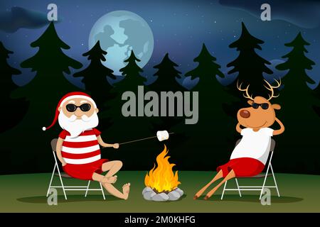 Babbo Natale e renne arrostire marshmallows sul fuoco. Illustrazione vettoriale. Illustrazione Vettoriale