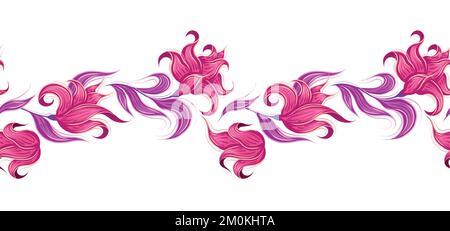 Bordo orizzontale vettoriale con fantastici fiori isolati dallo sfondo. Fregio fiabesco. Cornice con favolosi fiori rosa ricci abbozzati Illustrazione Vettoriale