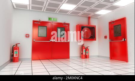 Porta di uscita antincendio, segnale di uscita, pulsante antincendio di emergenza, estintori e cabina antincendio. Illustrazione 3D. Foto Stock