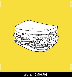 Icona a sandwich, disegno dettagliato, concetto di fast food, schizzo e stile vintage. Illustrazione vettoriale Illustrazione Vettoriale