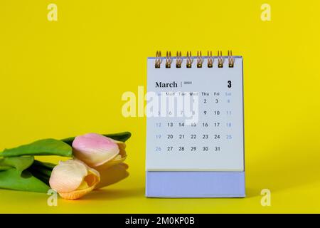 Marzo 2023. Calendario mensile per il 2023 su sfondo giallo Foto Stock
