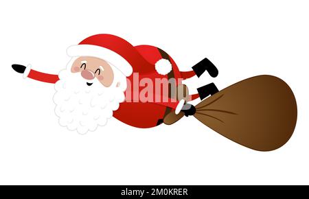 Babbo Natale trasporta volando i regali - illustrazione in stile cartone animato. Buon Natale e Felice Anno Nuovo. Personaggi divertenti nel laboratorio di Babbo Natale. Illustrazione Vettoriale