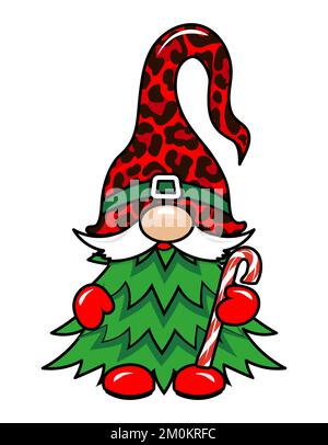 Adorabile gnome di Natale con albero di Natale - gnome con canna caramella. Nano della magia nordica. Carino vacanze Elf con cappello. Illustrazione vettoriale per l'inverno h Illustrazione Vettoriale