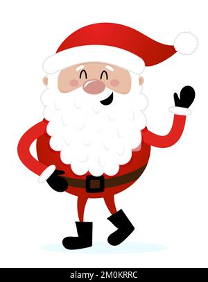 Santa Waving in piedi - illustrazione in stile cartone animato. Buon Natale e Felice Anno Nuovo. Personaggi divertenti nel laboratorio di Babbo Natale. Illustrazione Vettoriale