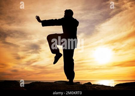 Spiaggia, silhouette e karate uomo al tramonto in Canada per la pace, la concentrazione e l'allenamento per la concorrenza. Equilibrio, esercizio fisico e fitness del professionista Foto Stock