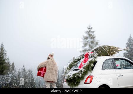 Donna viaggia in auto durante le vacanze invernali Foto Stock