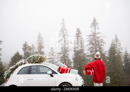 La donna viaggia in auto in montagna durante le vacanze invernali Foto Stock