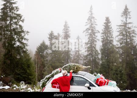 La donna viaggia in auto in montagna durante le vacanze invernali Foto Stock