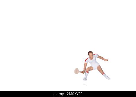 Tennista in azione, isolato su sfondo bianco, figura in miniatura Foto Stock