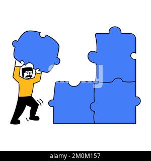 Illustrazione vettoriale. Manager connessione puzzle per creare una strategia di business redditizia. Crescita aziendale. Concetto di business, sviluppo della carriera Illustrazione Vettoriale